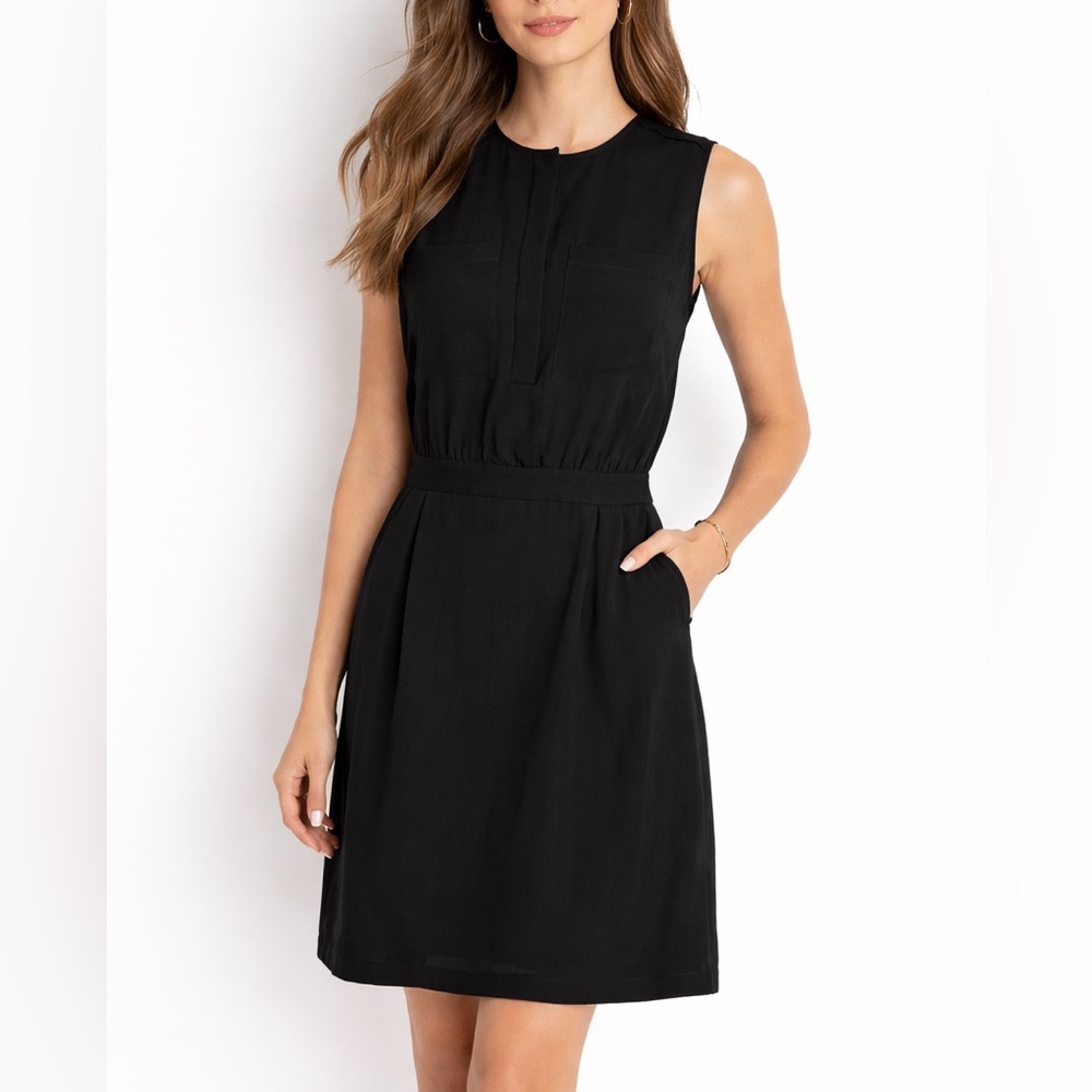 Theory Black Silk Sheath Dress, Sleeveless, Pleated,Size 2 Classic Minimalist